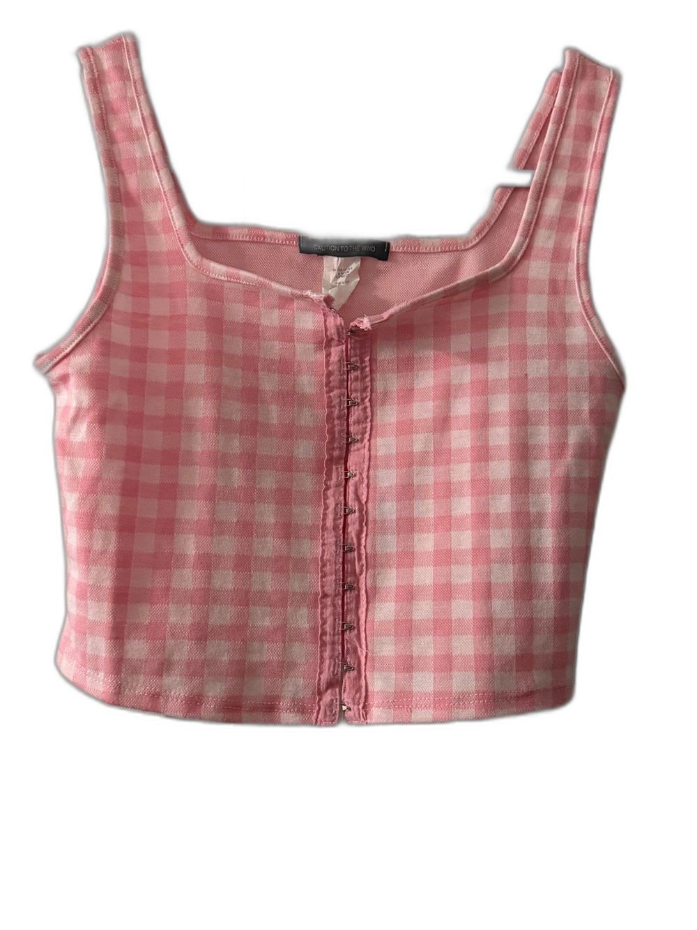 NWT Caution To The Wind Pink White Gingham Hook & Eye Crop Tank Top Medium